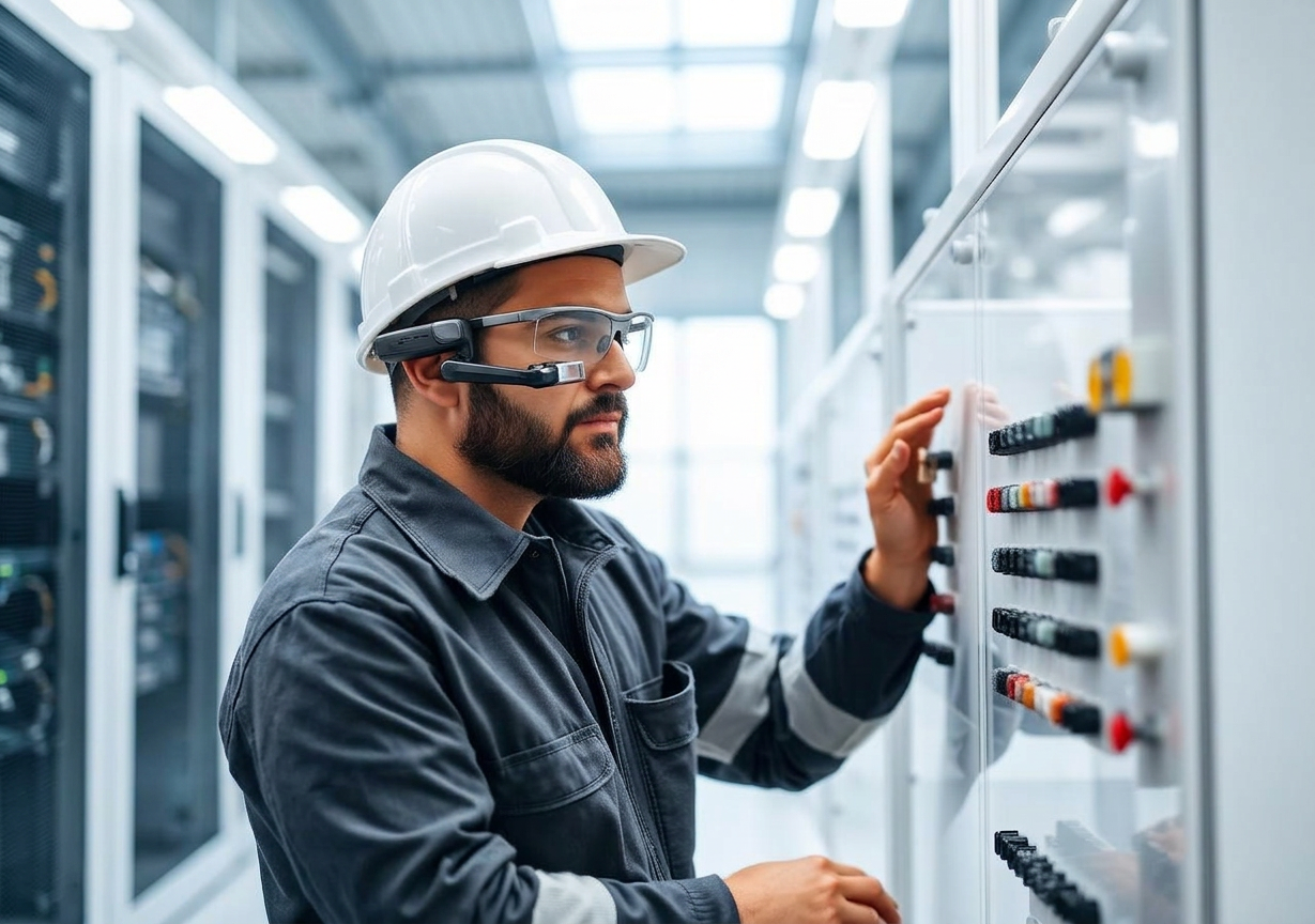 Operatore con occhiali smart in fabbrica